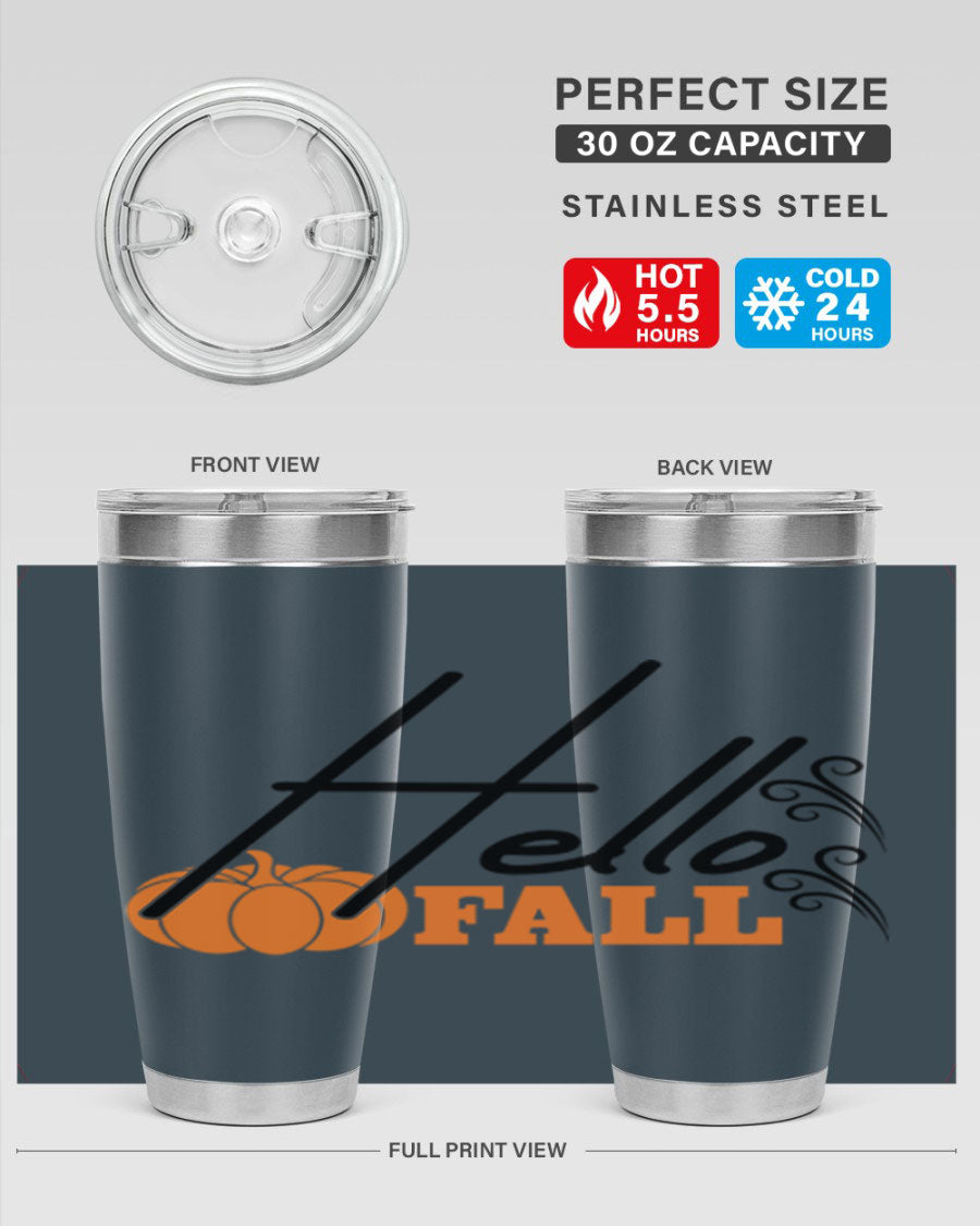 Hello Fall 20oz Tumbler featuring a stylish autumn design, made from double wall vacuum stainless steel with copper lining.