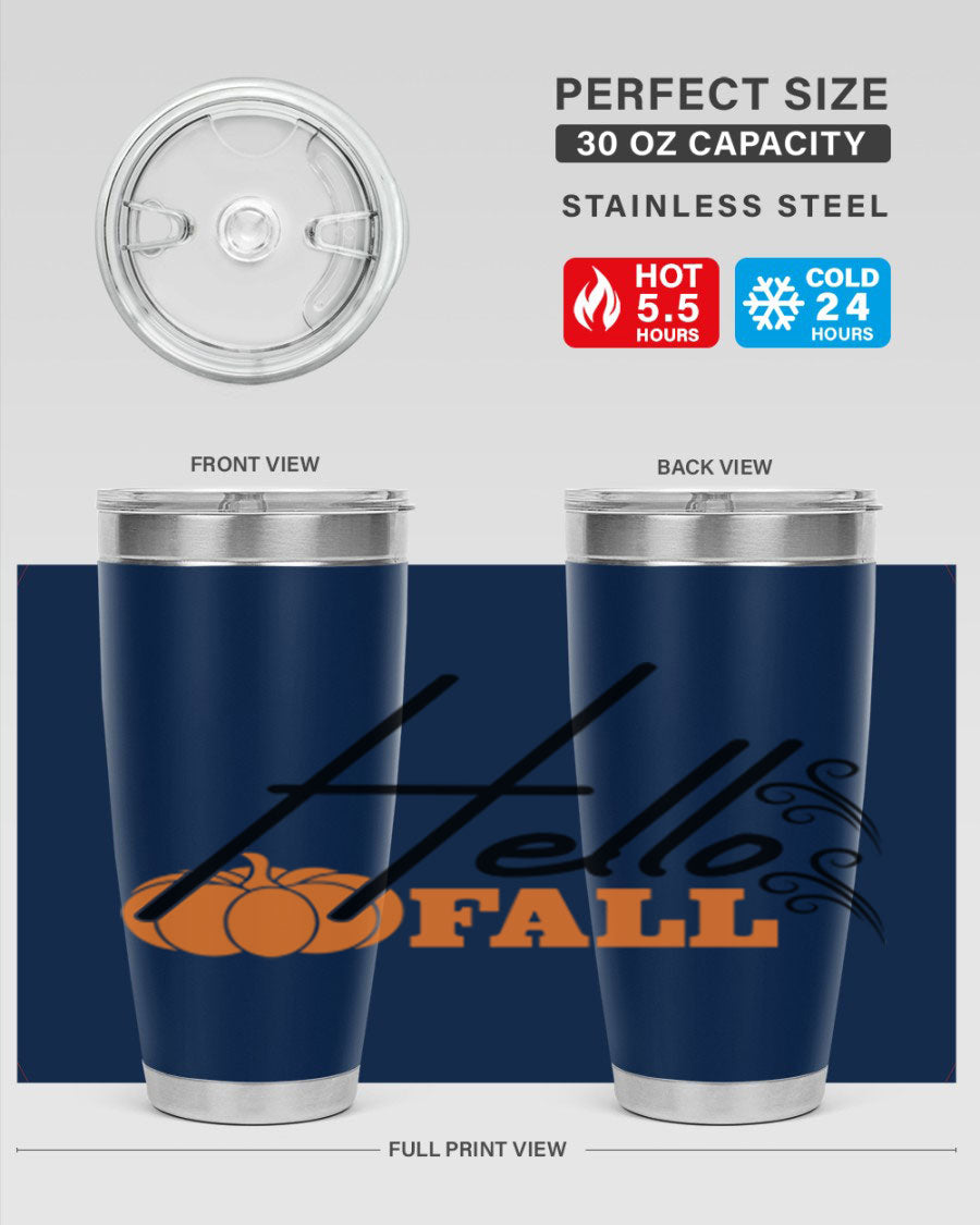 Hello Fall 20oz Tumbler featuring a stylish autumn design, made from double wall vacuum stainless steel with copper lining.