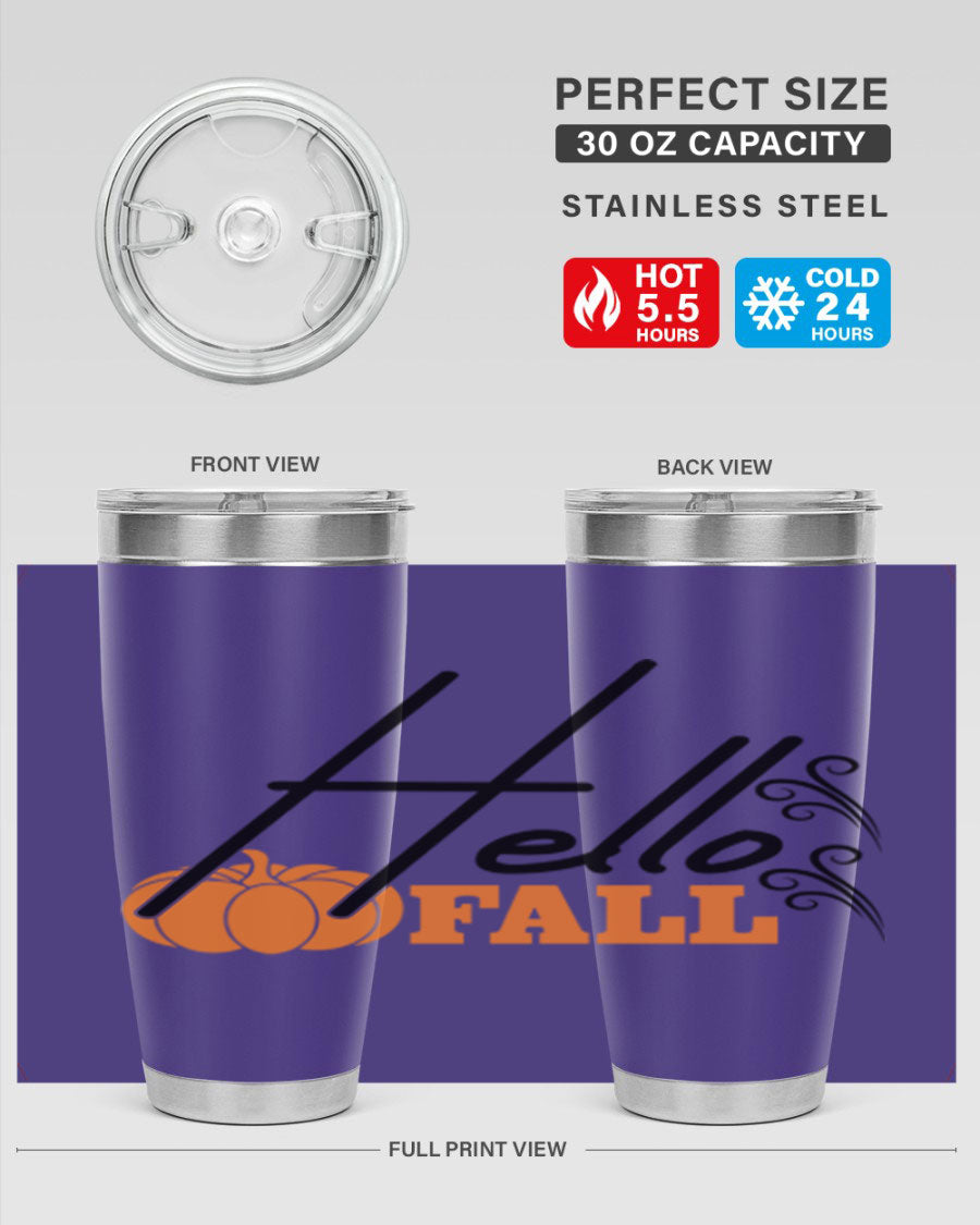 Hello Fall 20oz Tumbler featuring a stylish autumn design, made from double wall vacuum stainless steel with copper lining.