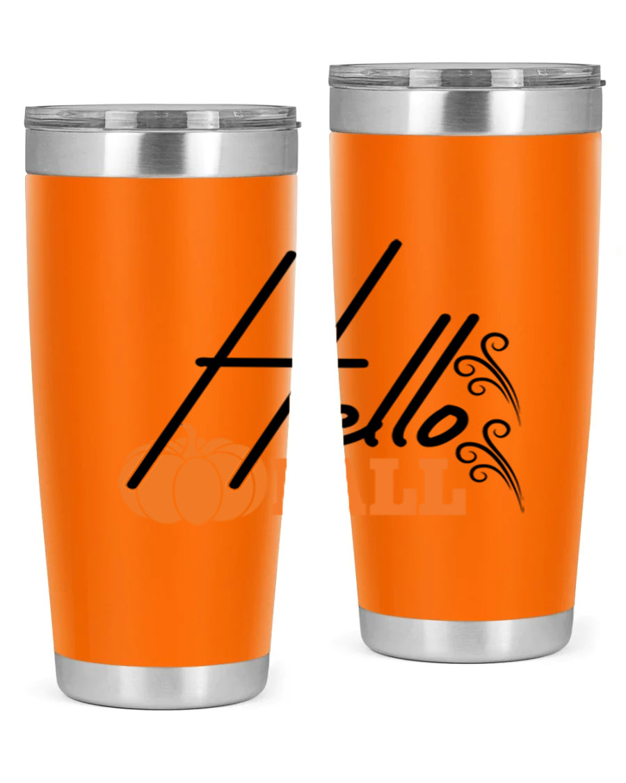 Hello Fall 20oz Tumbler featuring a stylish autumn design, made from double wall vacuum stainless steel with copper lining.