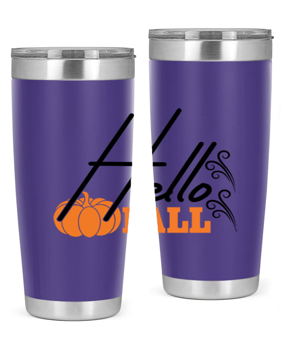 Hello Fall 20oz Tumbler featuring a stylish autumn design, made from double wall vacuum stainless steel with copper lining.