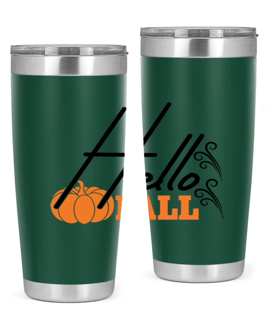 Hello Fall 20oz Tumbler featuring a stylish autumn design, made from double wall vacuum stainless steel with copper lining.