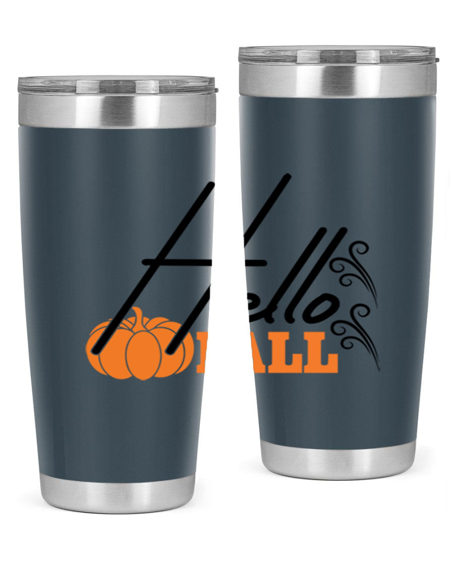 Hello Fall 20oz Tumbler featuring a stylish autumn design, made from double wall vacuum stainless steel with copper lining.