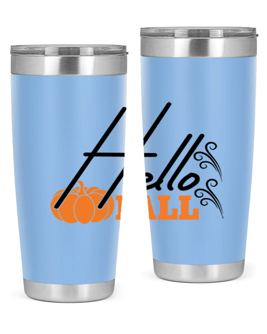 Hello Fall 20oz Tumbler featuring a stylish autumn design, made from double wall vacuum stainless steel with copper lining.