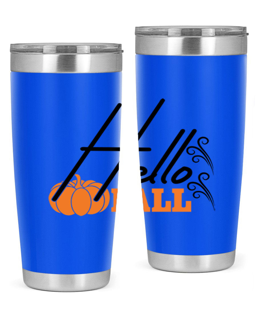 Hello Fall 20oz Tumbler featuring a stylish autumn design, made from double wall vacuum stainless steel with copper lining.