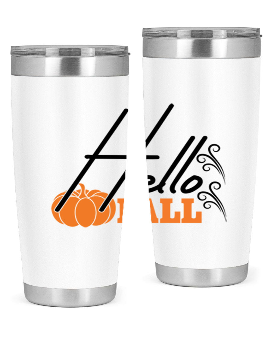 Hello Fall 20oz Tumbler featuring a stylish autumn design, made from double wall vacuum stainless steel with copper lining.