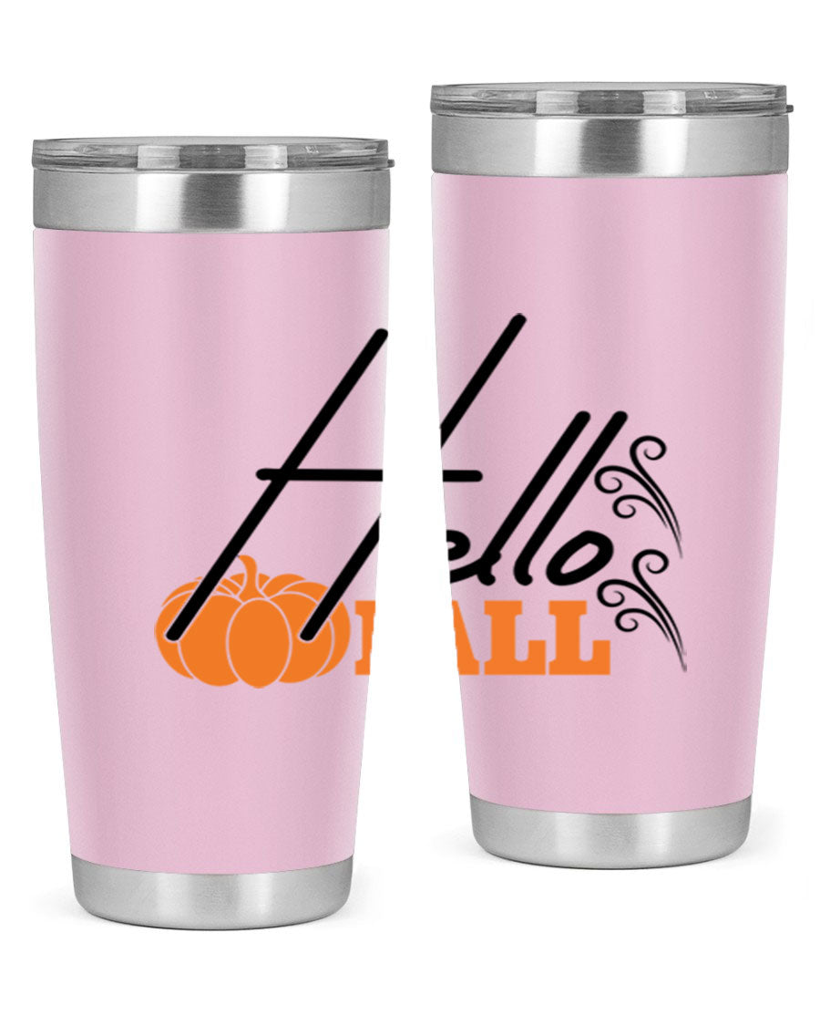 Hello Fall 20oz Tumbler featuring a stylish autumn design, made from double wall vacuum stainless steel with copper lining.