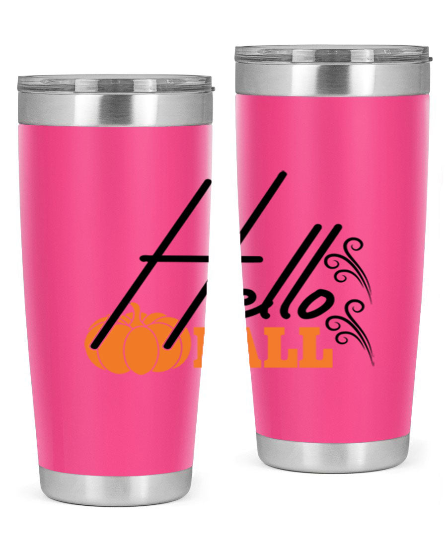 Hello Fall 20oz Tumbler featuring a stylish autumn design, made from double wall vacuum stainless steel with copper lining.
