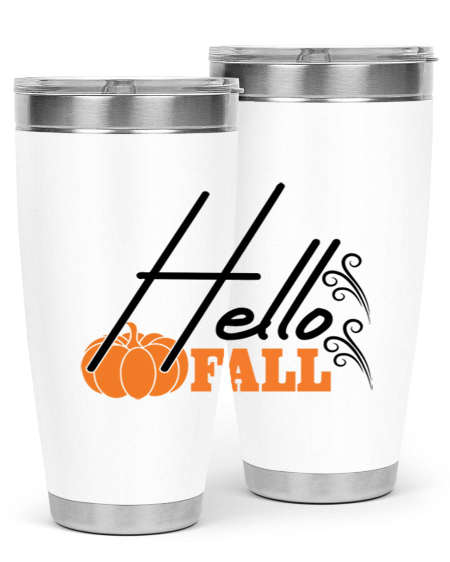 Hello Fall 20oz Tumbler featuring a stylish autumn design, made from double wall vacuum stainless steel with copper lining.