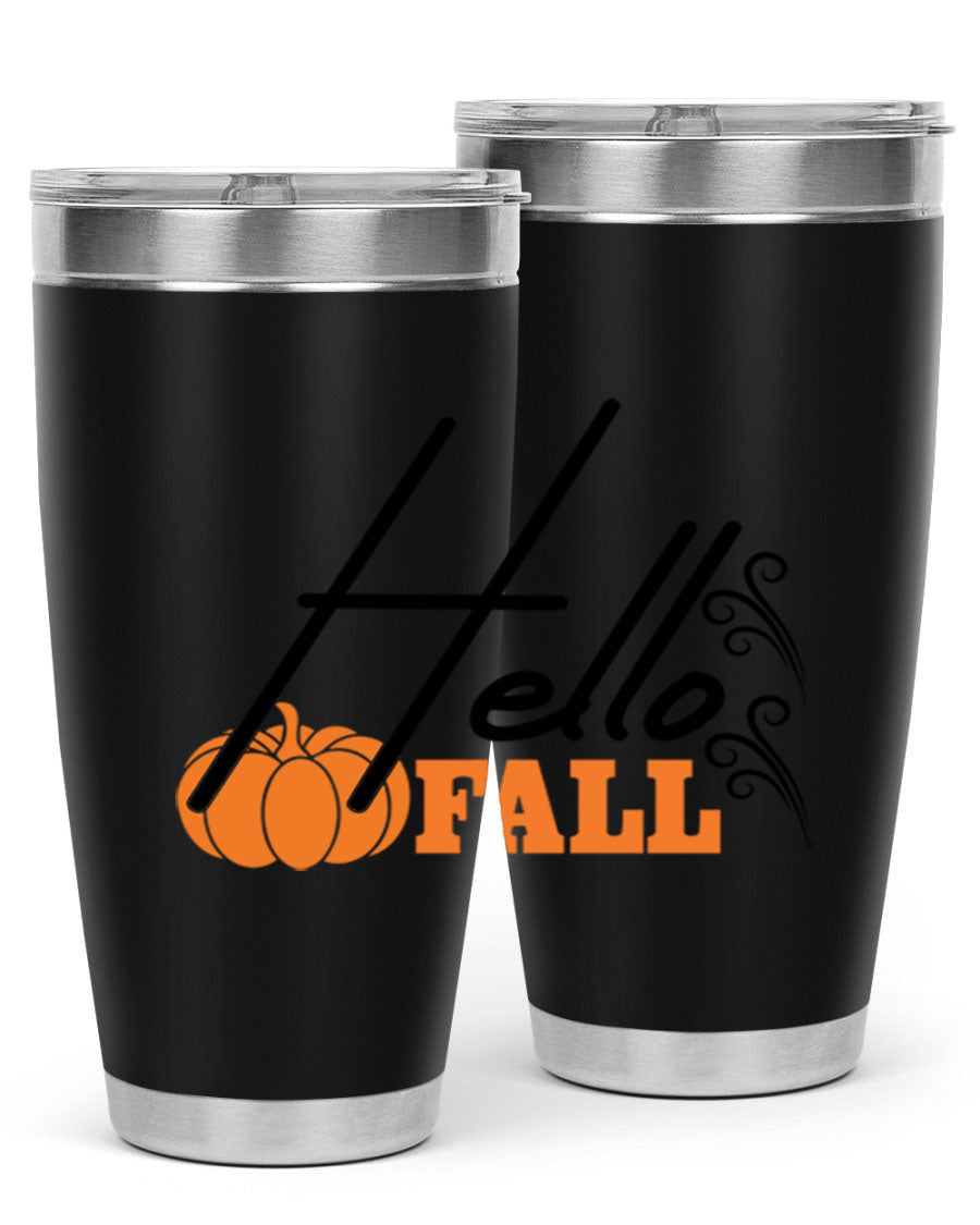 Hello Fall 20oz Tumbler featuring a stylish autumn design, made from double wall vacuum stainless steel with copper lining.