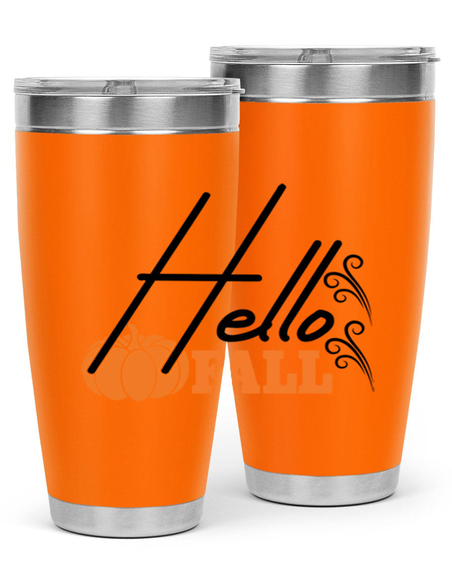 Hello Fall 20oz Tumbler featuring a stylish autumn design, made from double wall vacuum stainless steel with copper lining.
