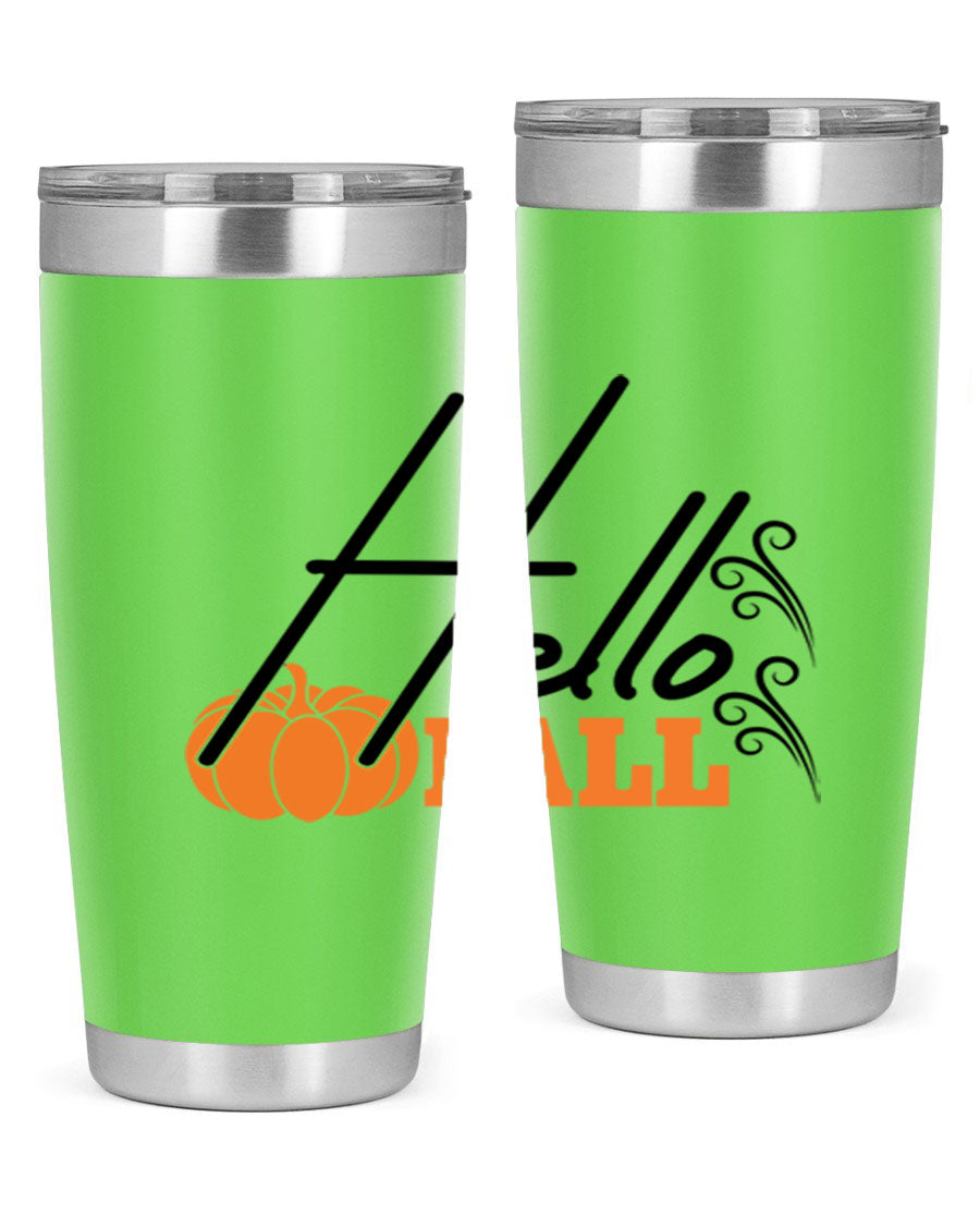 Hello Fall 20oz Tumbler featuring a stylish autumn design, made from double wall vacuum stainless steel with copper lining.