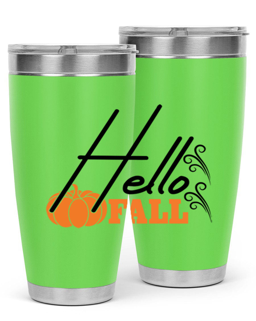 Hello Fall 20oz Tumbler featuring a stylish autumn design, made from double wall vacuum stainless steel with copper lining.