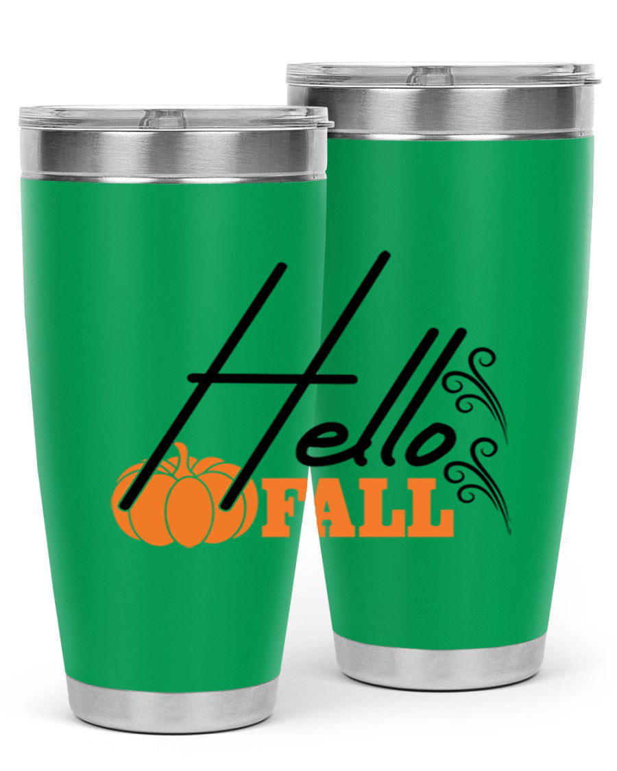 Hello Fall 20oz Tumbler featuring a stylish autumn design, made from double wall vacuum stainless steel with copper lining.