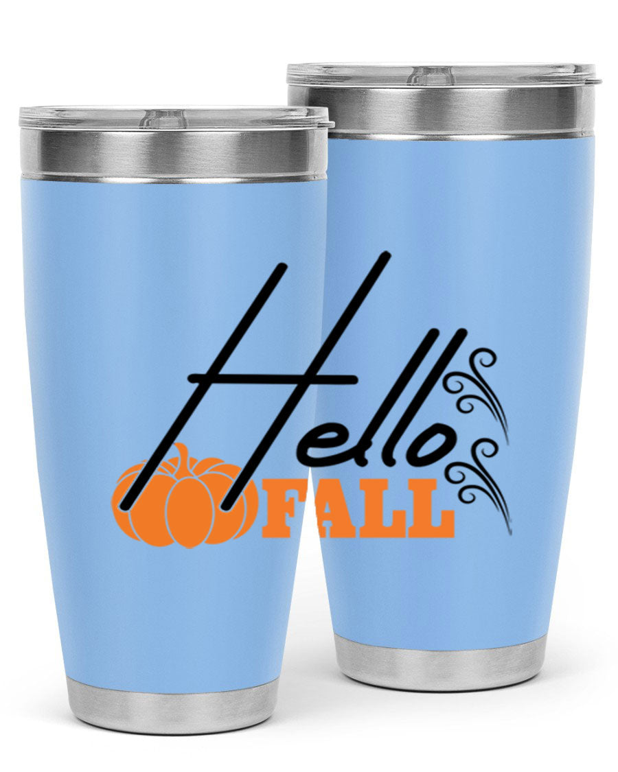 Hello Fall 20oz Tumbler featuring a stylish autumn design, made from double wall vacuum stainless steel with copper lining.