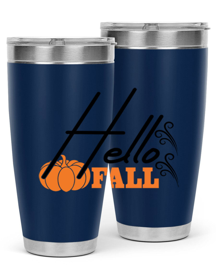 Hello Fall 20oz Tumbler featuring a stylish autumn design, made from double wall vacuum stainless steel with copper lining.