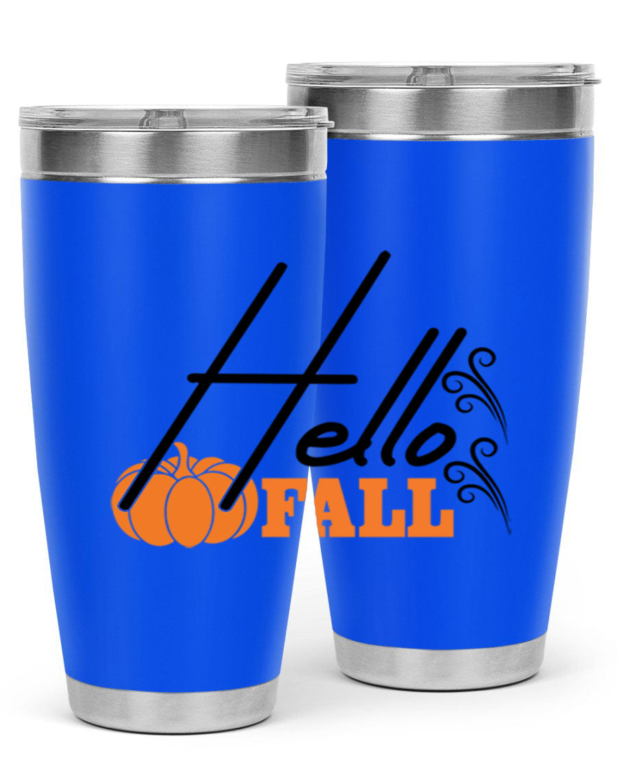 Hello Fall 20oz Tumbler featuring a stylish autumn design, made from double wall vacuum stainless steel with copper lining.