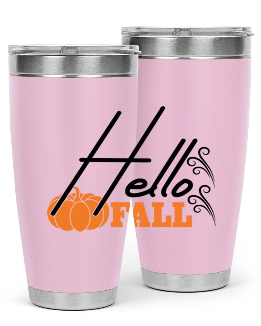 Hello Fall 20oz Tumbler featuring a stylish autumn design, made from double wall vacuum stainless steel with copper lining.