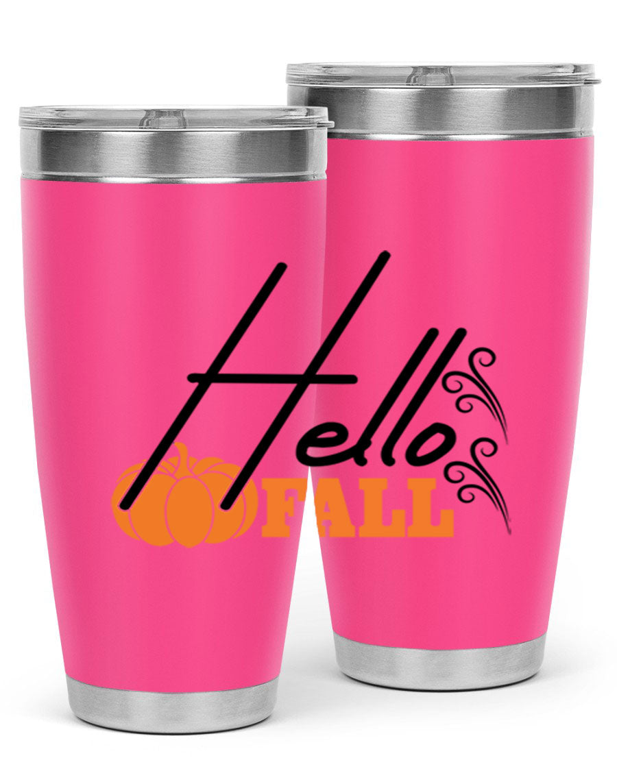 Hello Fall 20oz Tumbler featuring a stylish autumn design, made from double wall vacuum stainless steel with copper lining.