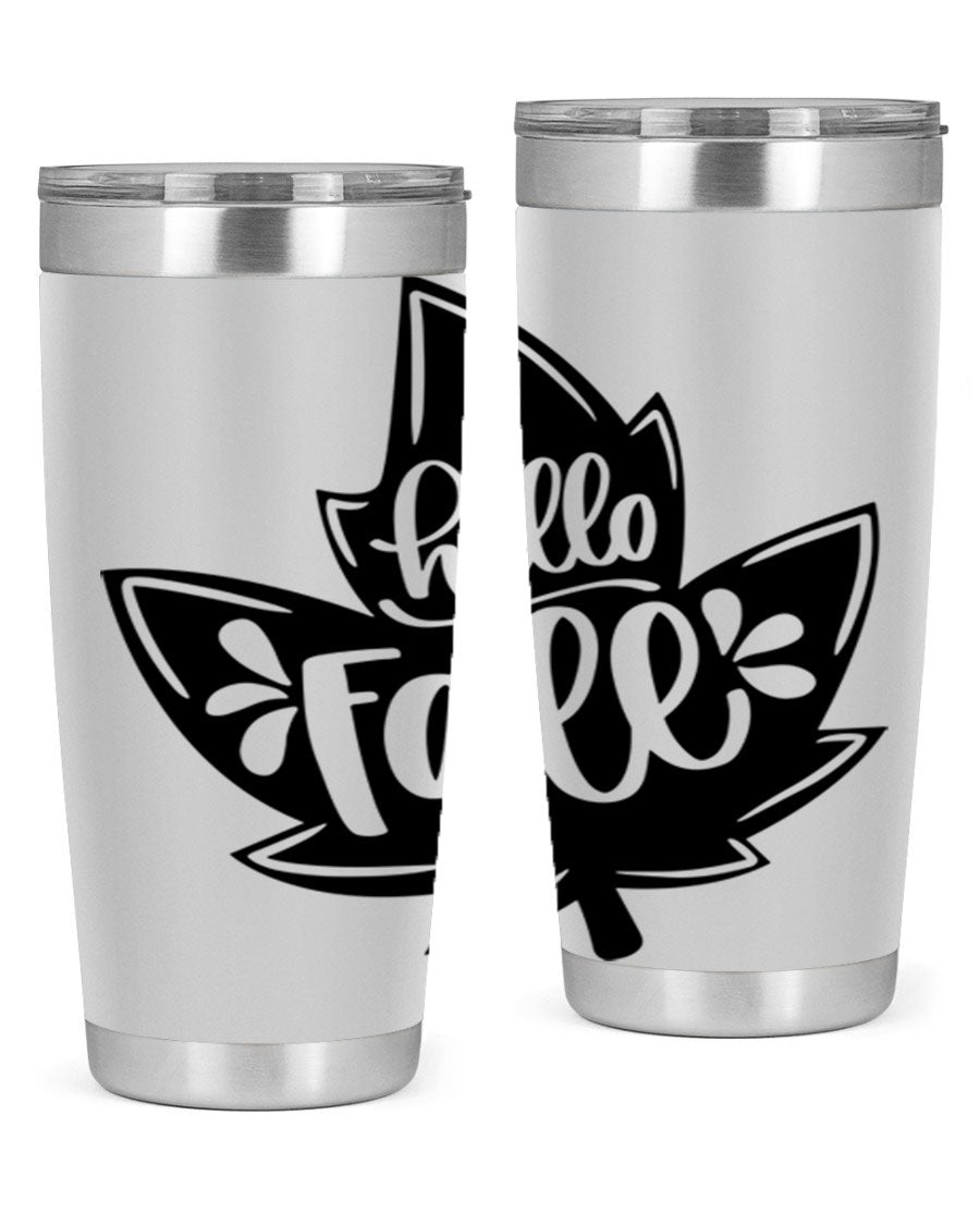 Hello Fall 494# Tumbler in 20oz and 30oz sizes, showcasing double wall vacuum stainless steel design with a seasonal print.
