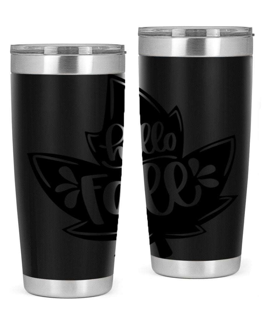 Hello Fall 494# Tumbler in 20oz and 30oz sizes, showcasing double wall vacuum stainless steel design with a seasonal print.