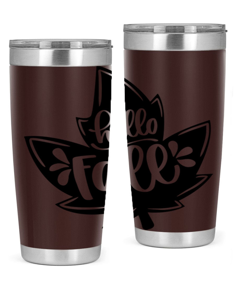 Hello Fall 494# Tumbler in 20oz and 30oz sizes, showcasing double wall vacuum stainless steel design with a seasonal print.