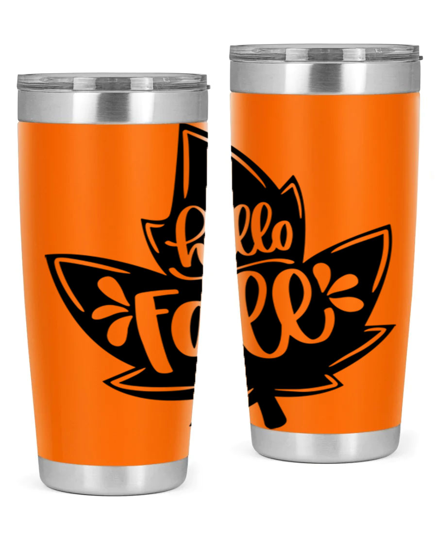Hello Fall 494# Tumbler in 20oz and 30oz sizes, showcasing double wall vacuum stainless steel design with a seasonal print.