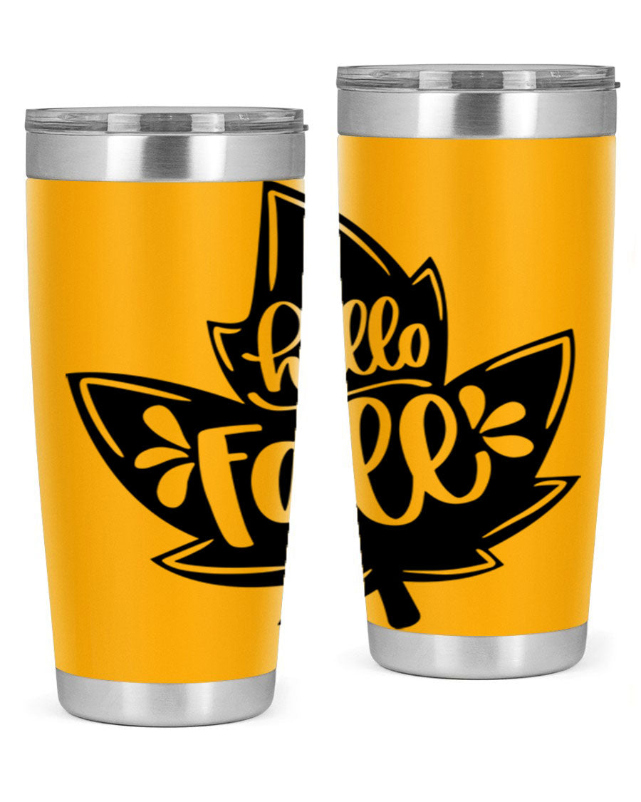 Hello Fall 494# Tumbler in 20oz and 30oz sizes, showcasing double wall vacuum stainless steel design with a seasonal print.