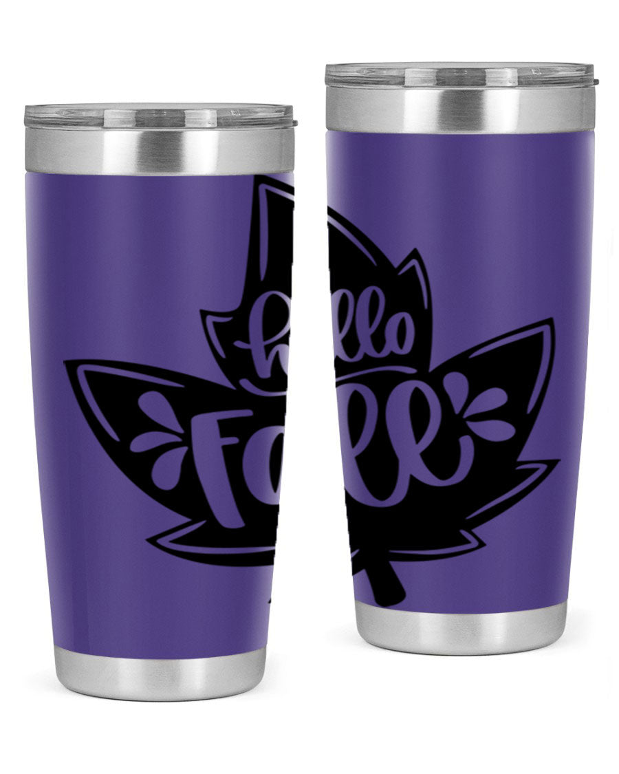 Hello Fall 494# Tumbler in 20oz and 30oz sizes, showcasing double wall vacuum stainless steel design with a seasonal print.