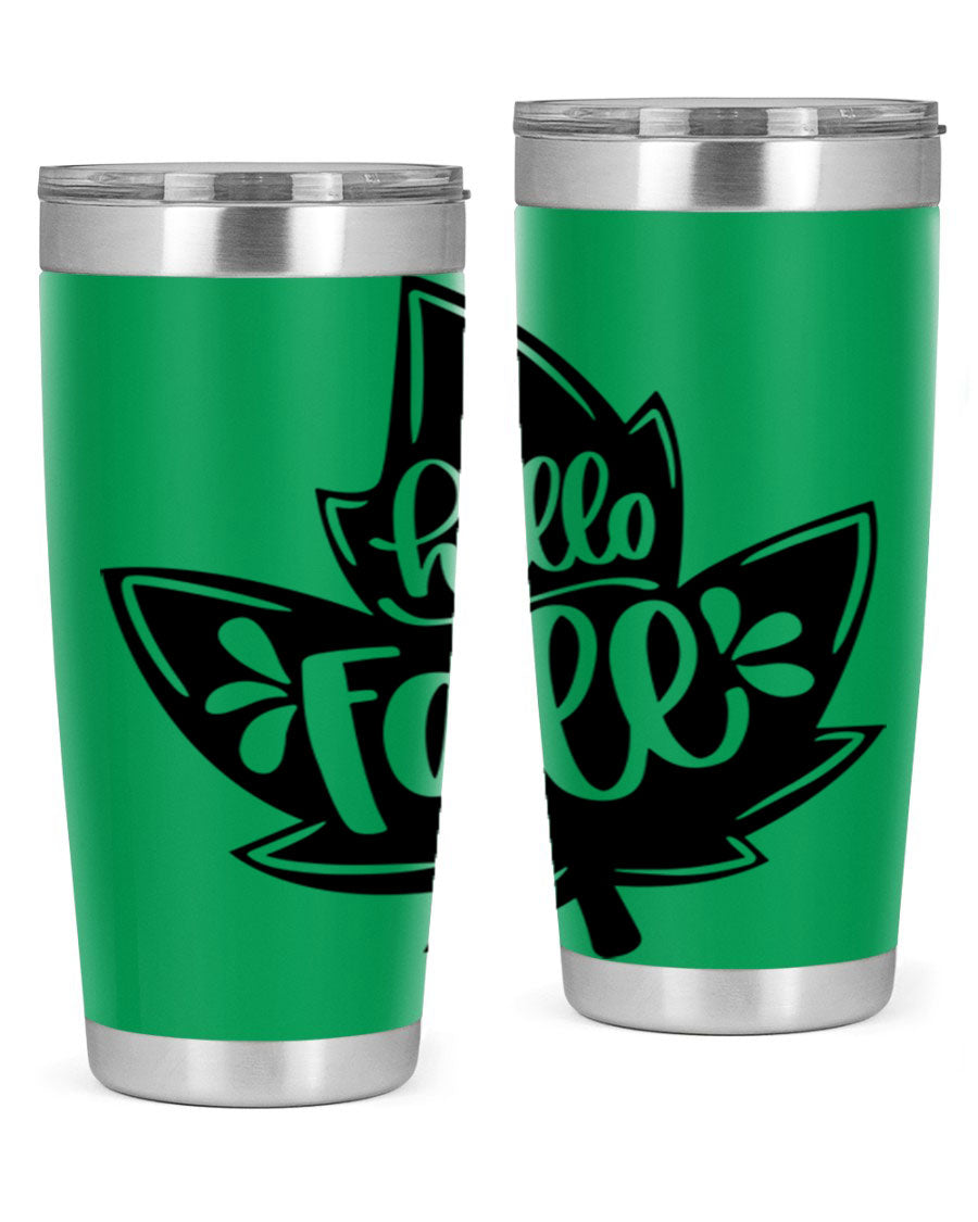 Hello Fall 494# Tumbler in 20oz and 30oz sizes, showcasing double wall vacuum stainless steel design with a seasonal print.