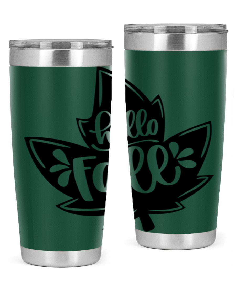 Hello Fall 494# Tumbler in 20oz and 30oz sizes, showcasing double wall vacuum stainless steel design with a seasonal print.