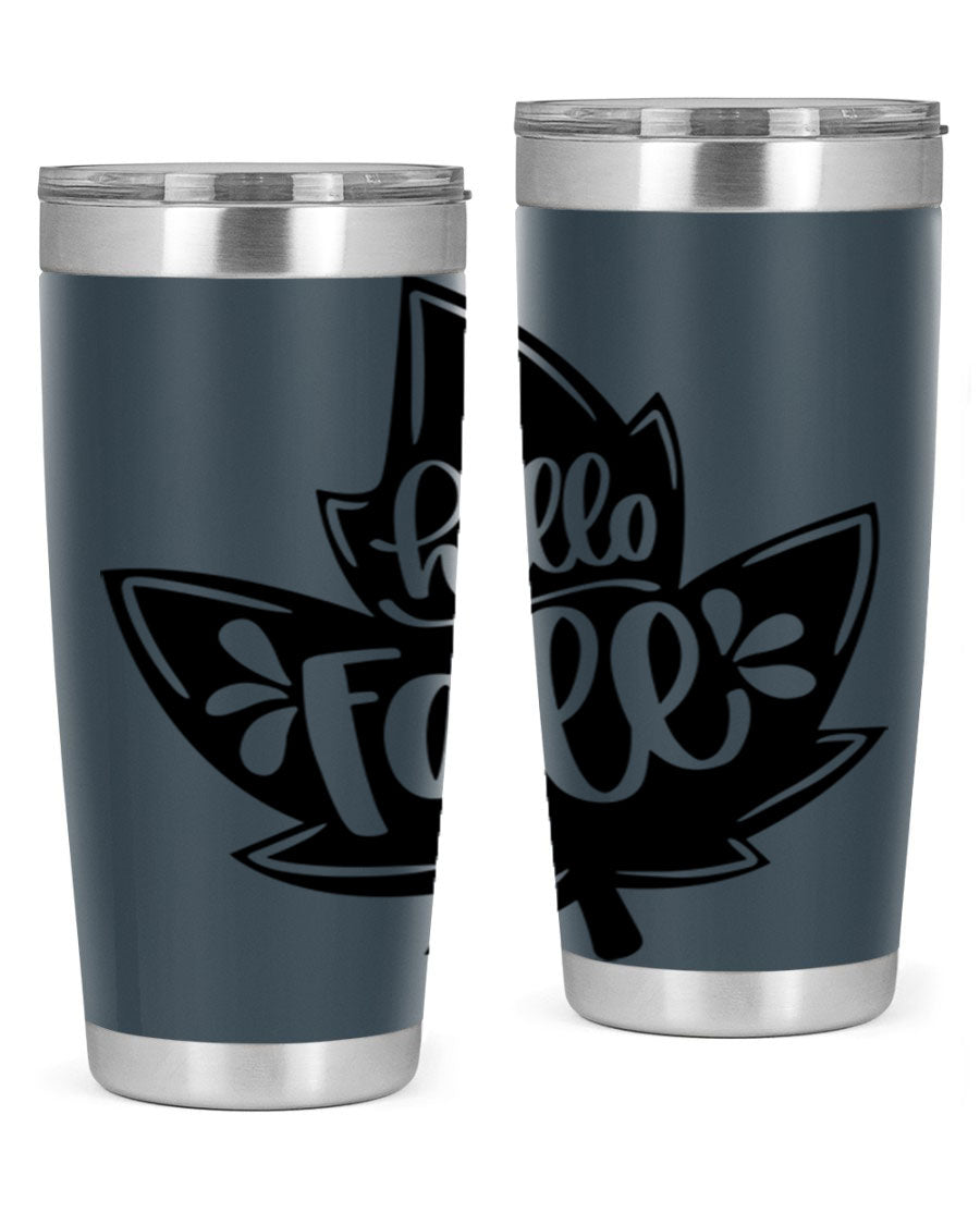 Hello Fall 494# Tumbler in 20oz and 30oz sizes, showcasing double wall vacuum stainless steel design with a seasonal print.