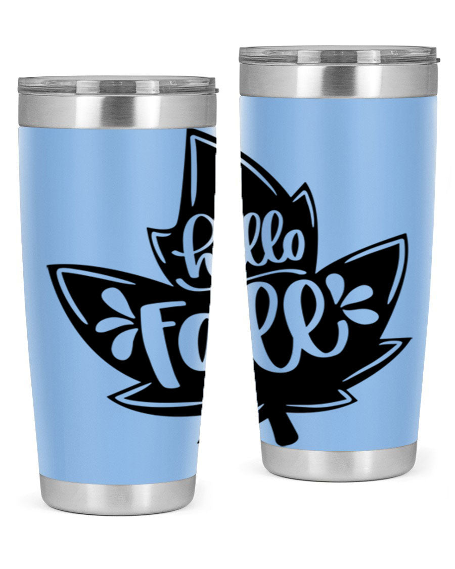 Hello Fall 494# Tumbler in 20oz and 30oz sizes, showcasing double wall vacuum stainless steel design with a seasonal print.