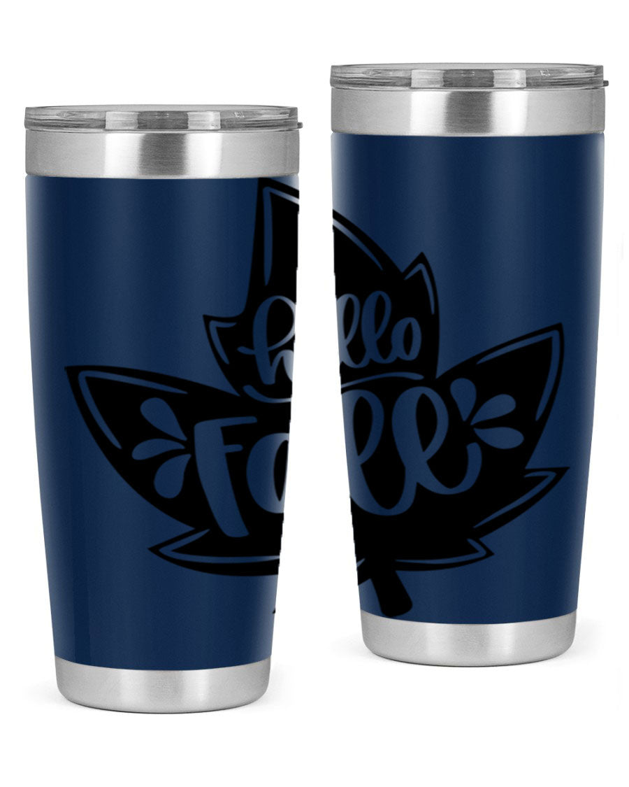 Hello Fall 494# Tumbler in 20oz and 30oz sizes, showcasing double wall vacuum stainless steel design with a seasonal print.