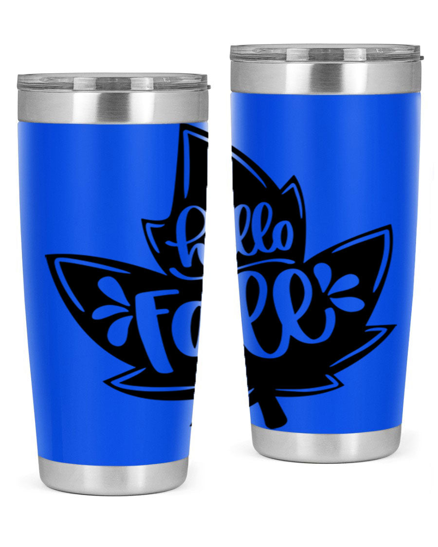 Hello Fall 494# Tumbler in 20oz and 30oz sizes, showcasing double wall vacuum stainless steel design with a seasonal print.