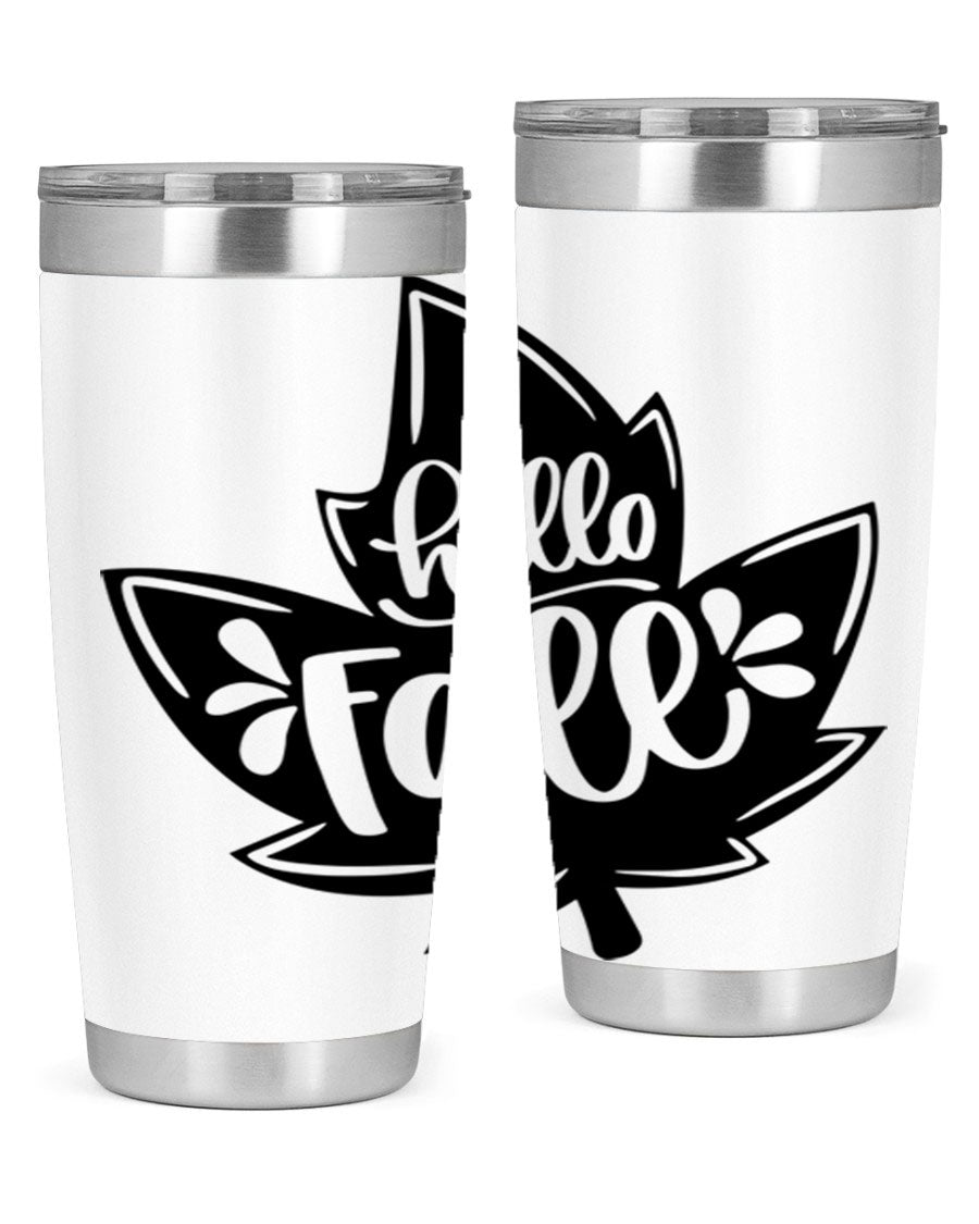 Hello Fall 494# Tumbler in 20oz and 30oz sizes, showcasing double wall vacuum stainless steel design with a seasonal print.