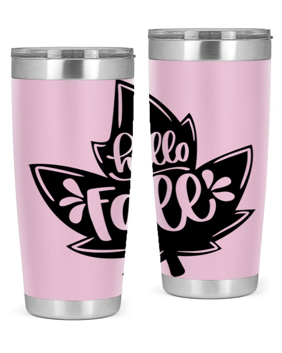 Hello Fall 494# Tumbler in 20oz and 30oz sizes, showcasing double wall vacuum stainless steel design with a seasonal print.