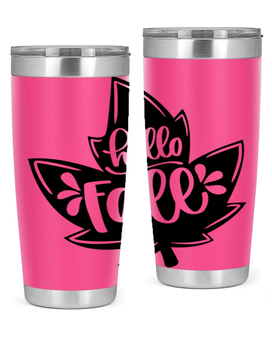Hello Fall 494# Tumbler in 20oz and 30oz sizes, showcasing double wall vacuum stainless steel design with a seasonal print.