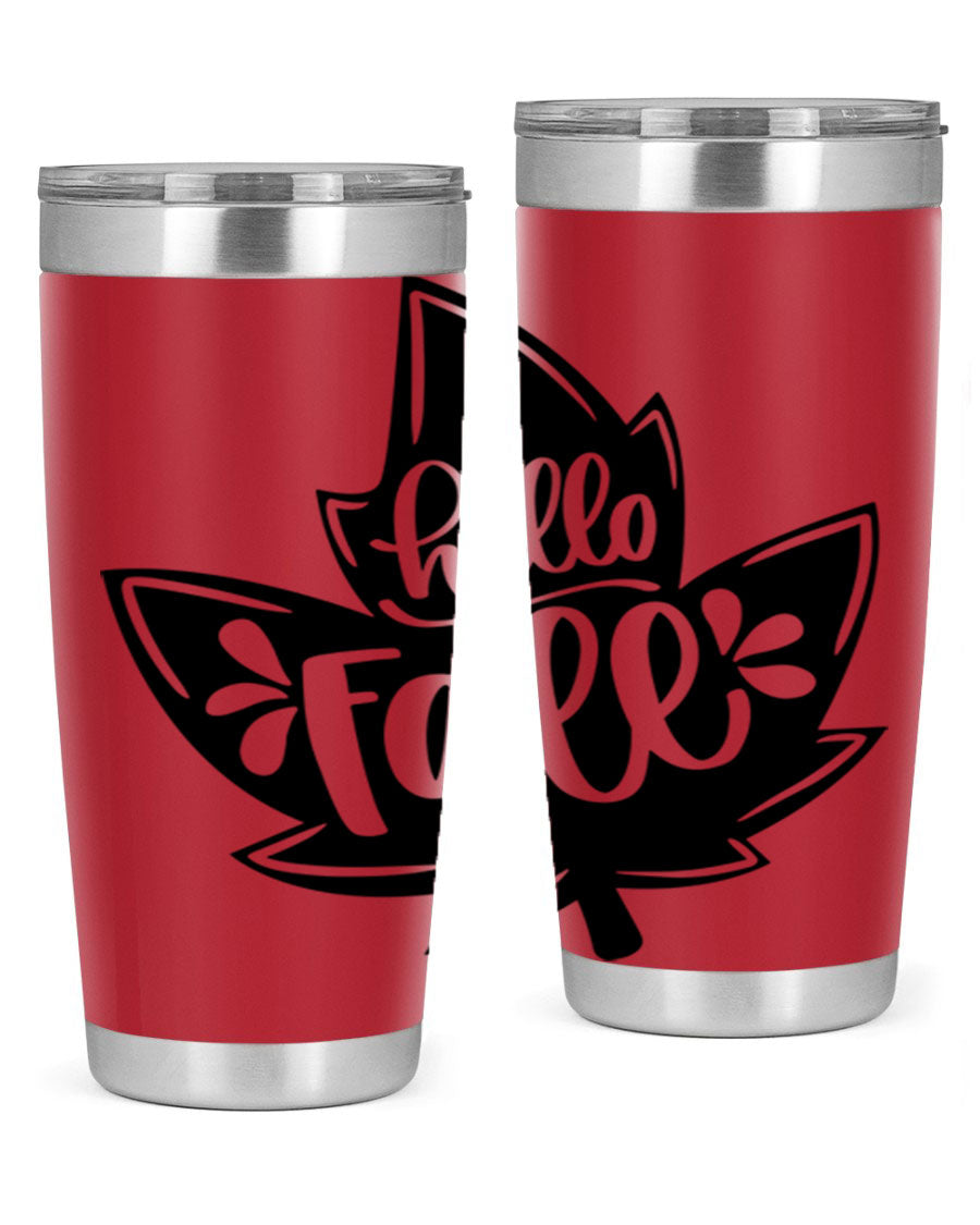 Hello Fall 494# Tumbler in 20oz and 30oz sizes, showcasing double wall vacuum stainless steel design with a seasonal print.