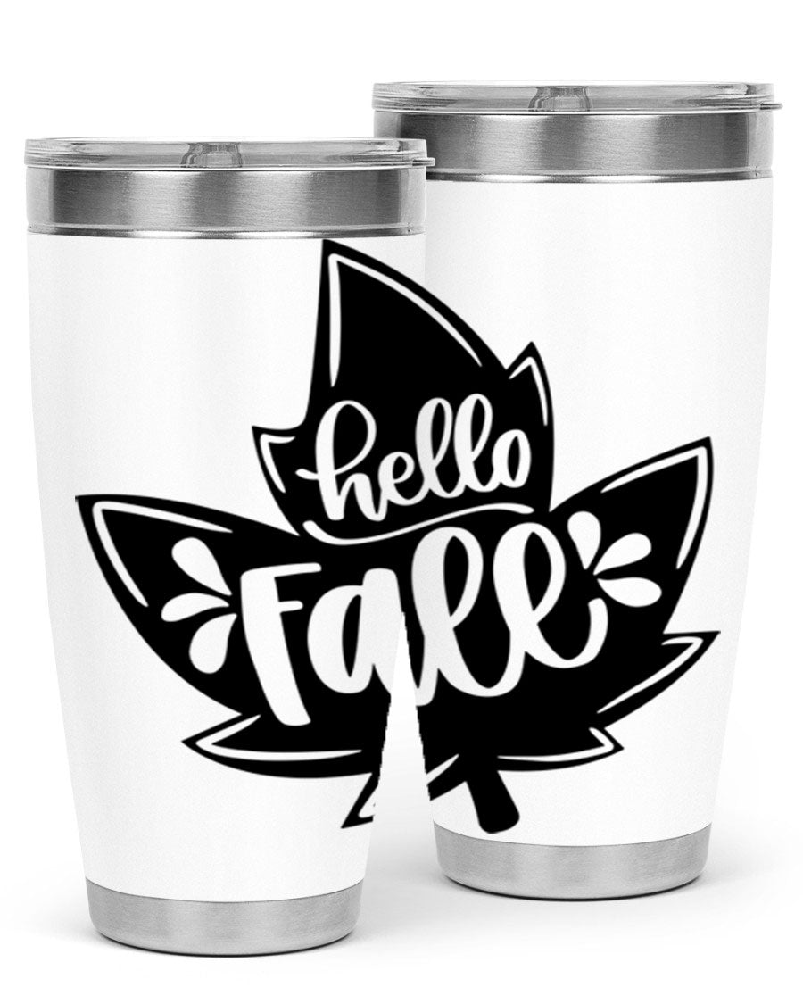 Hello Fall 494# Tumbler in 20oz and 30oz sizes, showcasing double wall vacuum stainless steel design with a seasonal print.