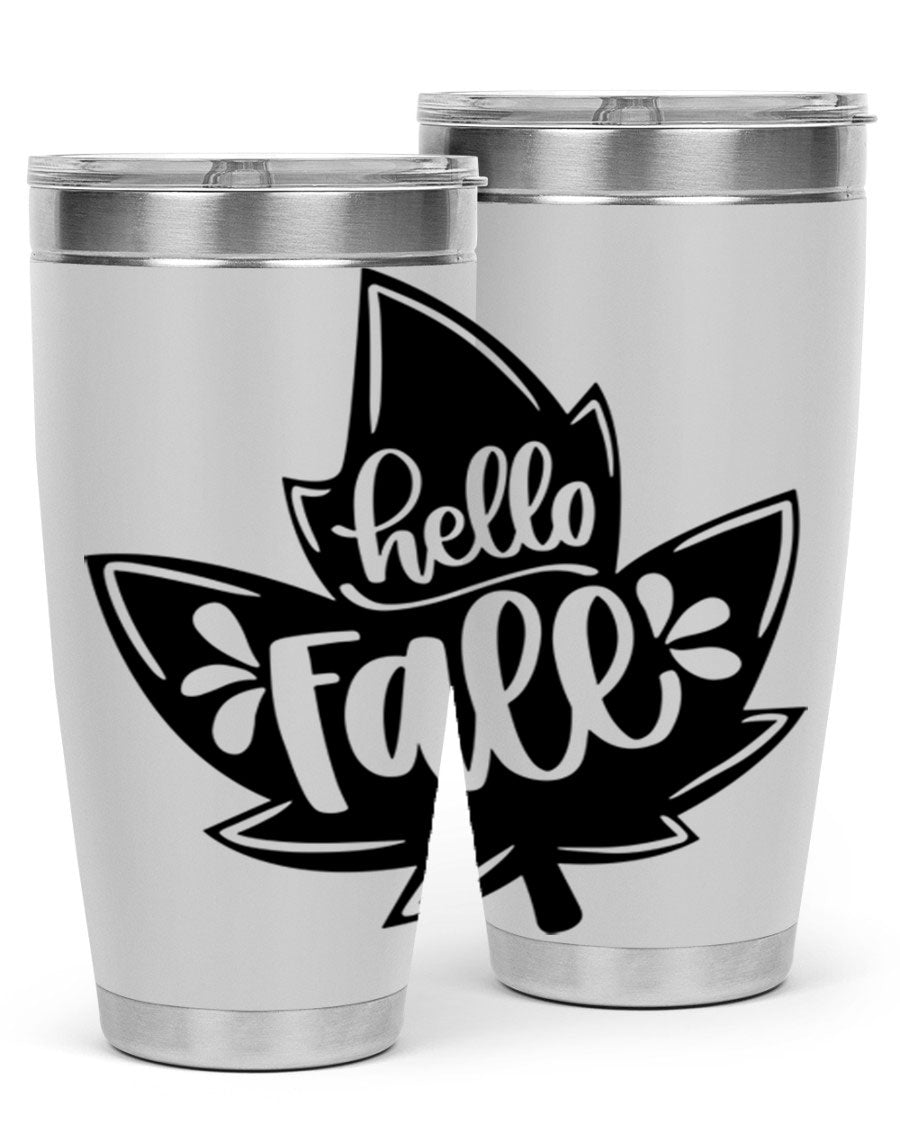 Hello Fall 494# Tumbler in 20oz and 30oz sizes, showcasing double wall vacuum stainless steel design with a seasonal print.