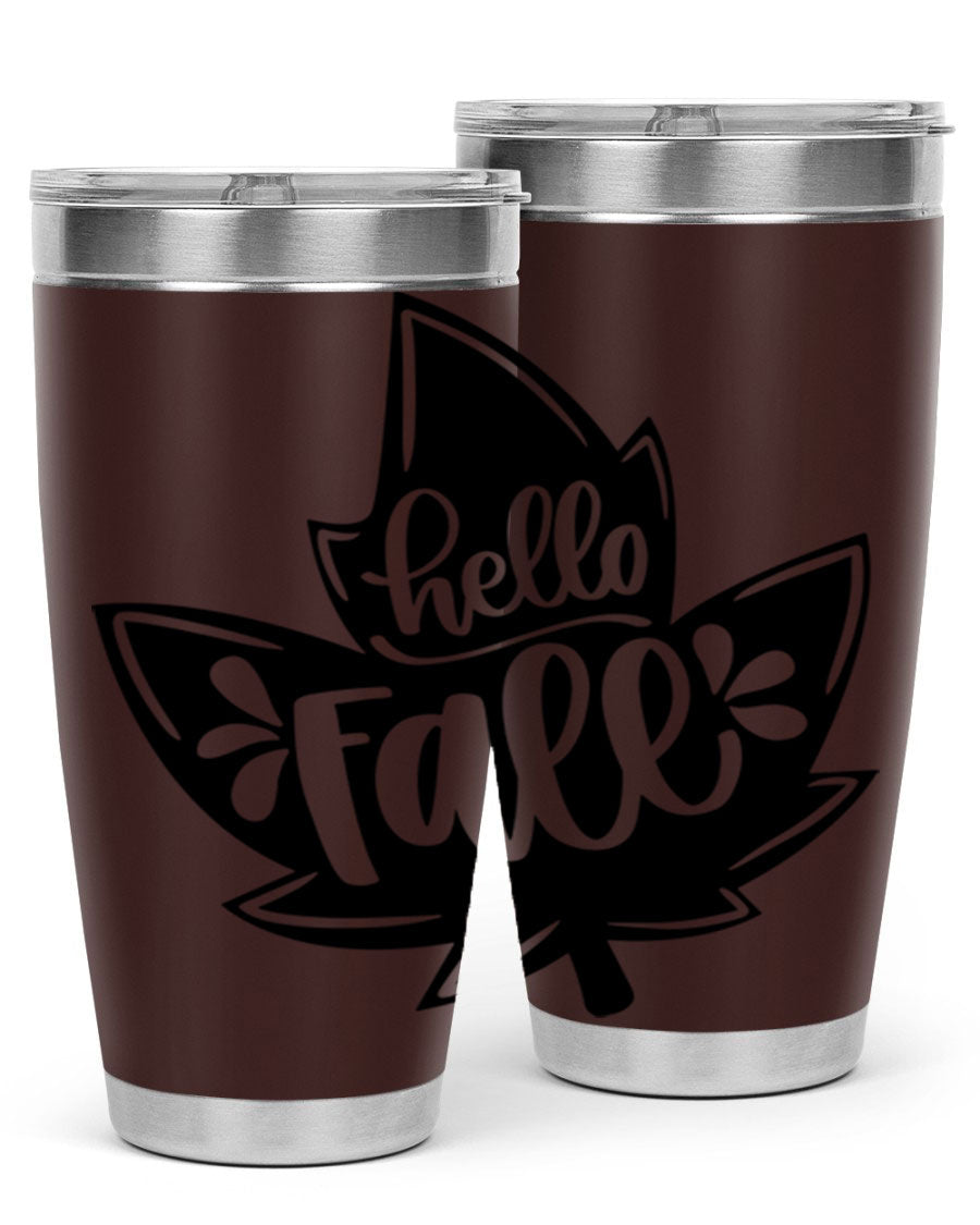 Hello Fall 494# Tumbler in 20oz and 30oz sizes, showcasing double wall vacuum stainless steel design with a seasonal print.
