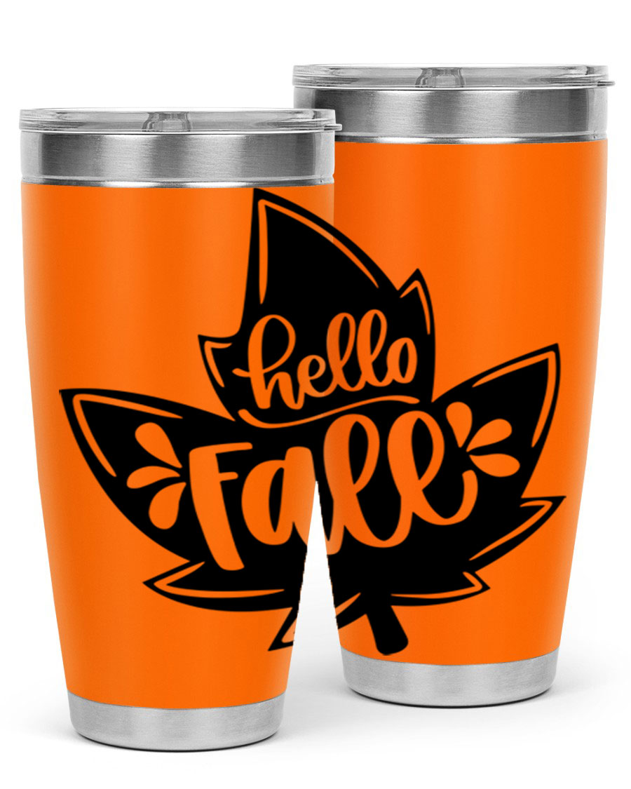 Hello Fall 494# Tumbler in 20oz and 30oz sizes, showcasing double wall vacuum stainless steel design with a seasonal print.