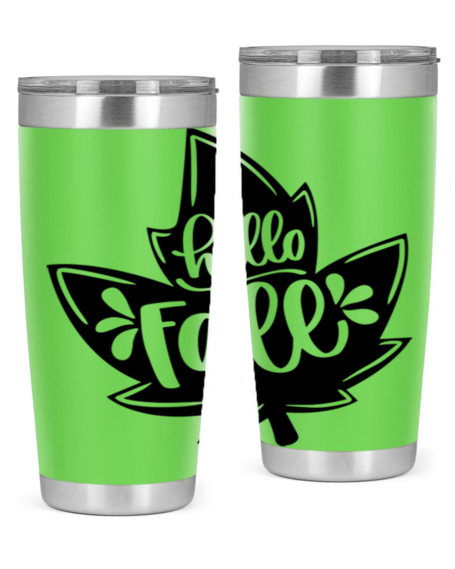 Hello Fall 494# Tumbler in 20oz and 30oz sizes, showcasing double wall vacuum stainless steel design with a seasonal print.