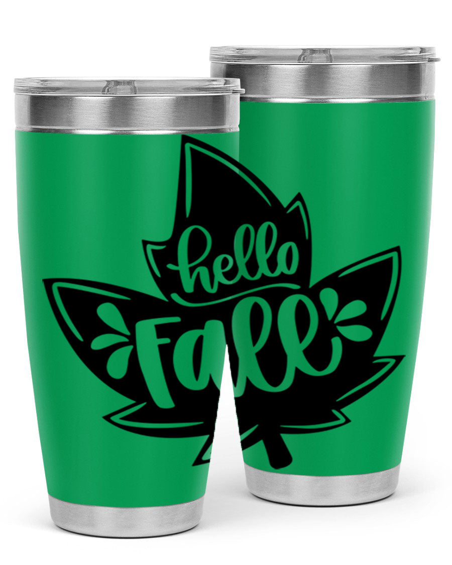 Hello Fall 494# Tumbler in 20oz and 30oz sizes, showcasing double wall vacuum stainless steel design with a seasonal print.