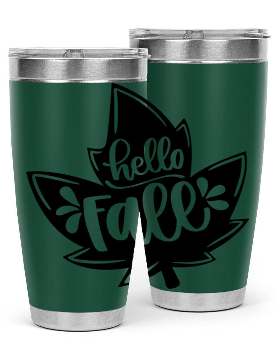 Hello Fall 494# Tumbler in 20oz and 30oz sizes, showcasing double wall vacuum stainless steel design with a seasonal print.