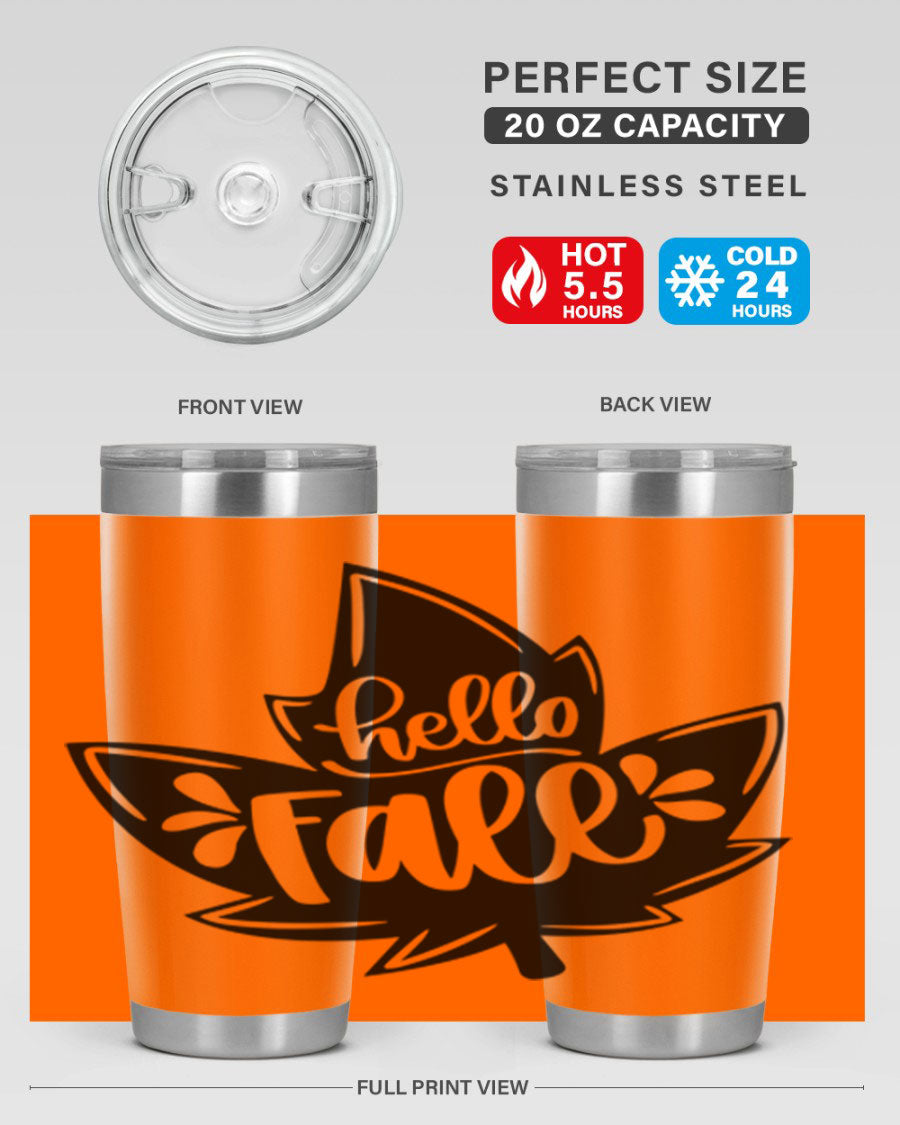 Hello Fall 494# Tumbler in 20oz and 30oz sizes, showcasing double wall vacuum stainless steel design with a seasonal print.