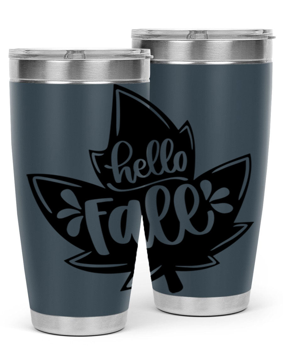 Hello Fall 494# Tumbler in 20oz and 30oz sizes, showcasing double wall vacuum stainless steel design with a seasonal print.