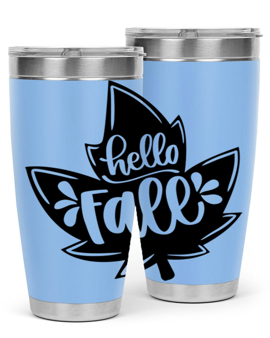 Hello Fall 494# Tumbler in 20oz and 30oz sizes, showcasing double wall vacuum stainless steel design with a seasonal print.