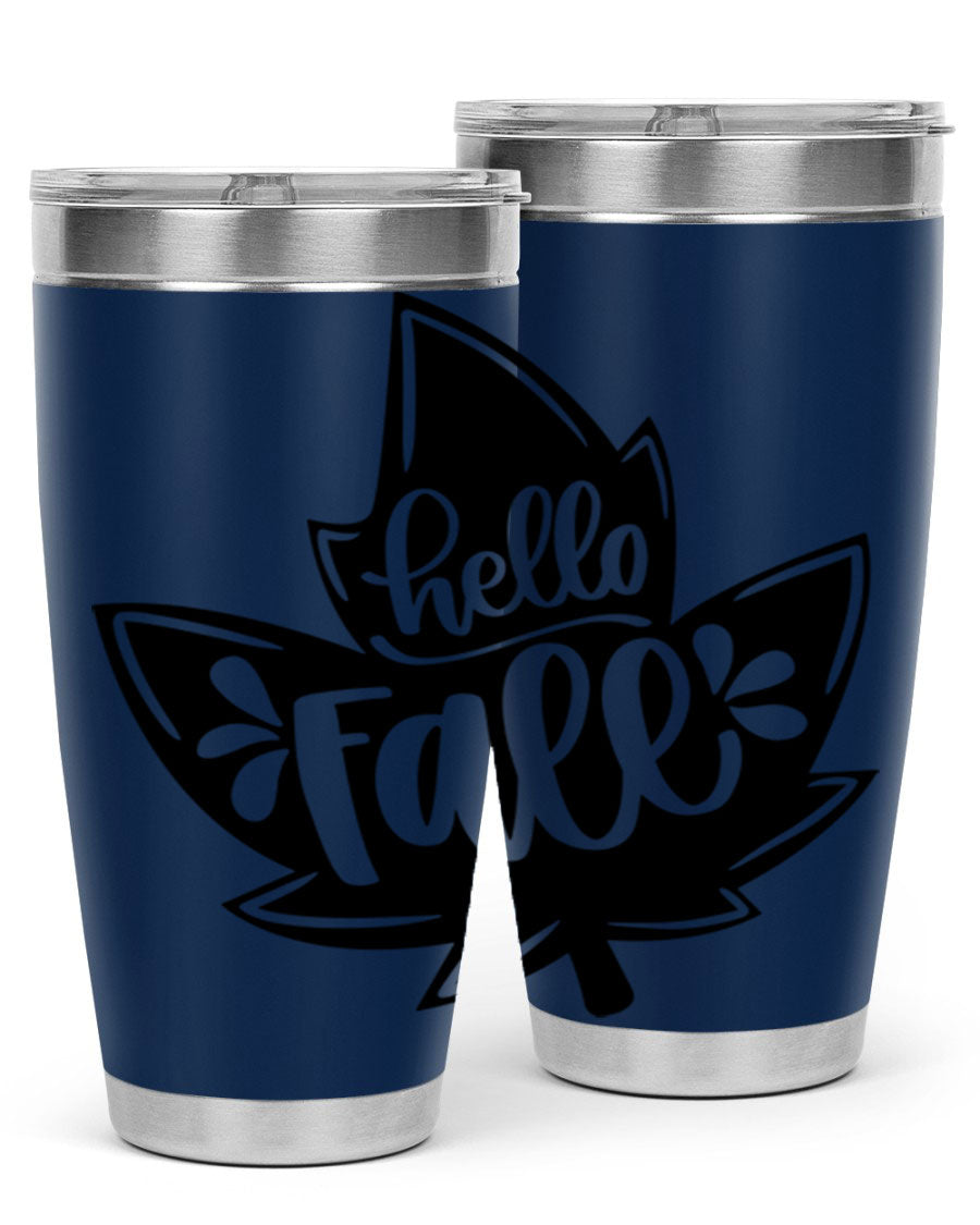 Hello Fall 494# Tumbler in 20oz and 30oz sizes, showcasing double wall vacuum stainless steel design with a seasonal print.